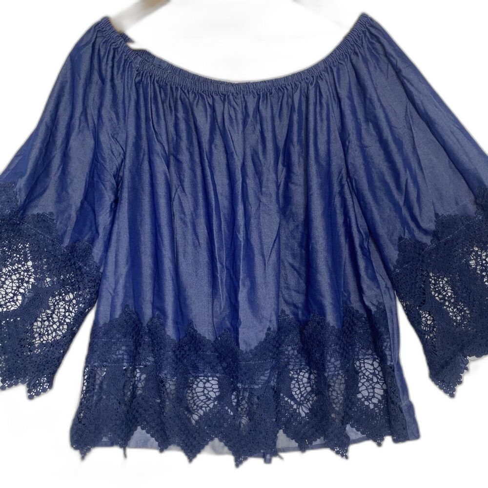 Unique Spectrum Off Shoulder Blouse Lace Trim 3/4 Sleeve Peasant Top 1X Blue